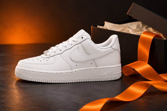 Sneaker blanche, boîte décorative noire et ruban orange, inspiration cadeau