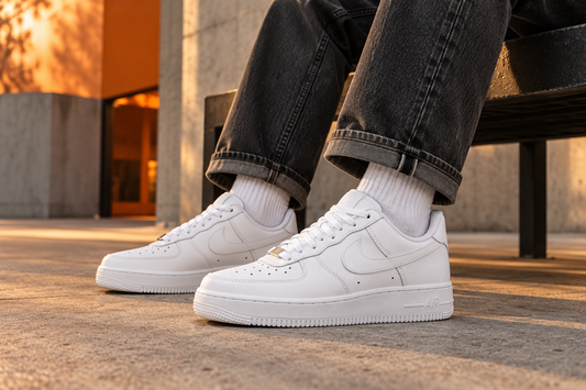 Look avec jean noir et sneakers blanches, visuel éditorial KicksFashion