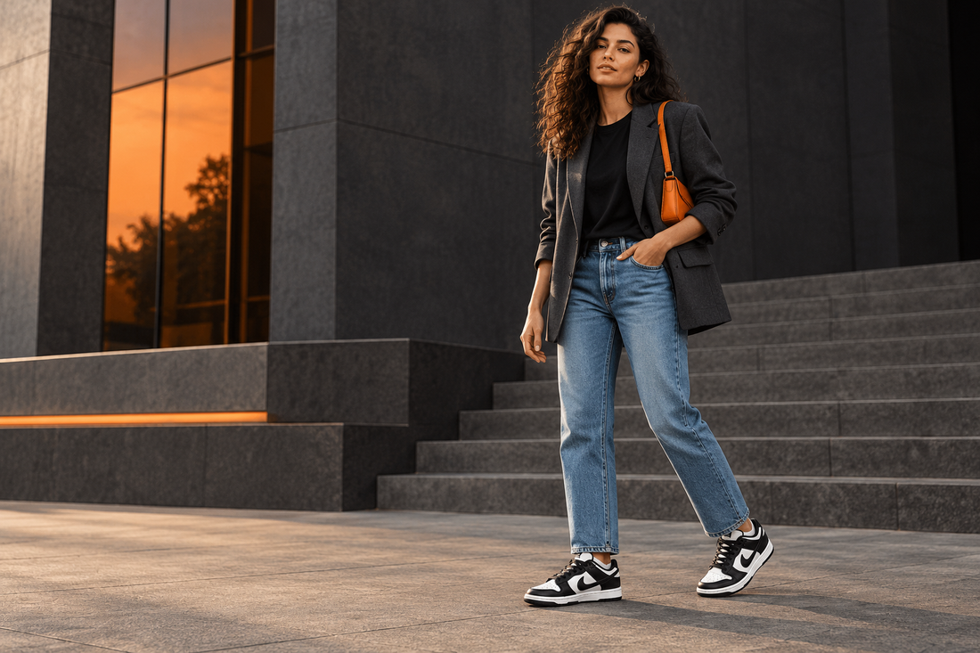 Mannequin portant des Nike Dunk Low Black White avec un blazer noir et un jean bleu ample