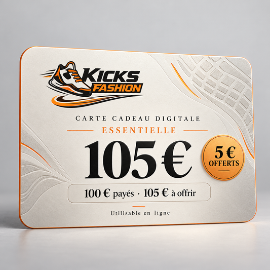 Carte cadeau KicksFashion Essentielle : 100 € payés, 105 € à offrir, dont 5 € offerts.