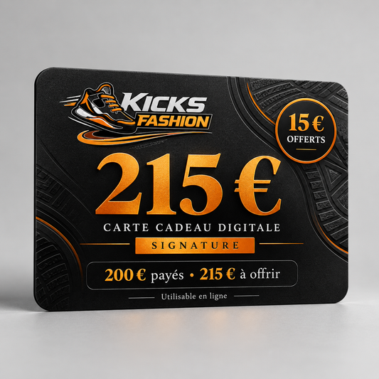 Carte cadeau KicksFashion Signature : 200 € payés, 215 € à offrir, dont 15 € offerts.